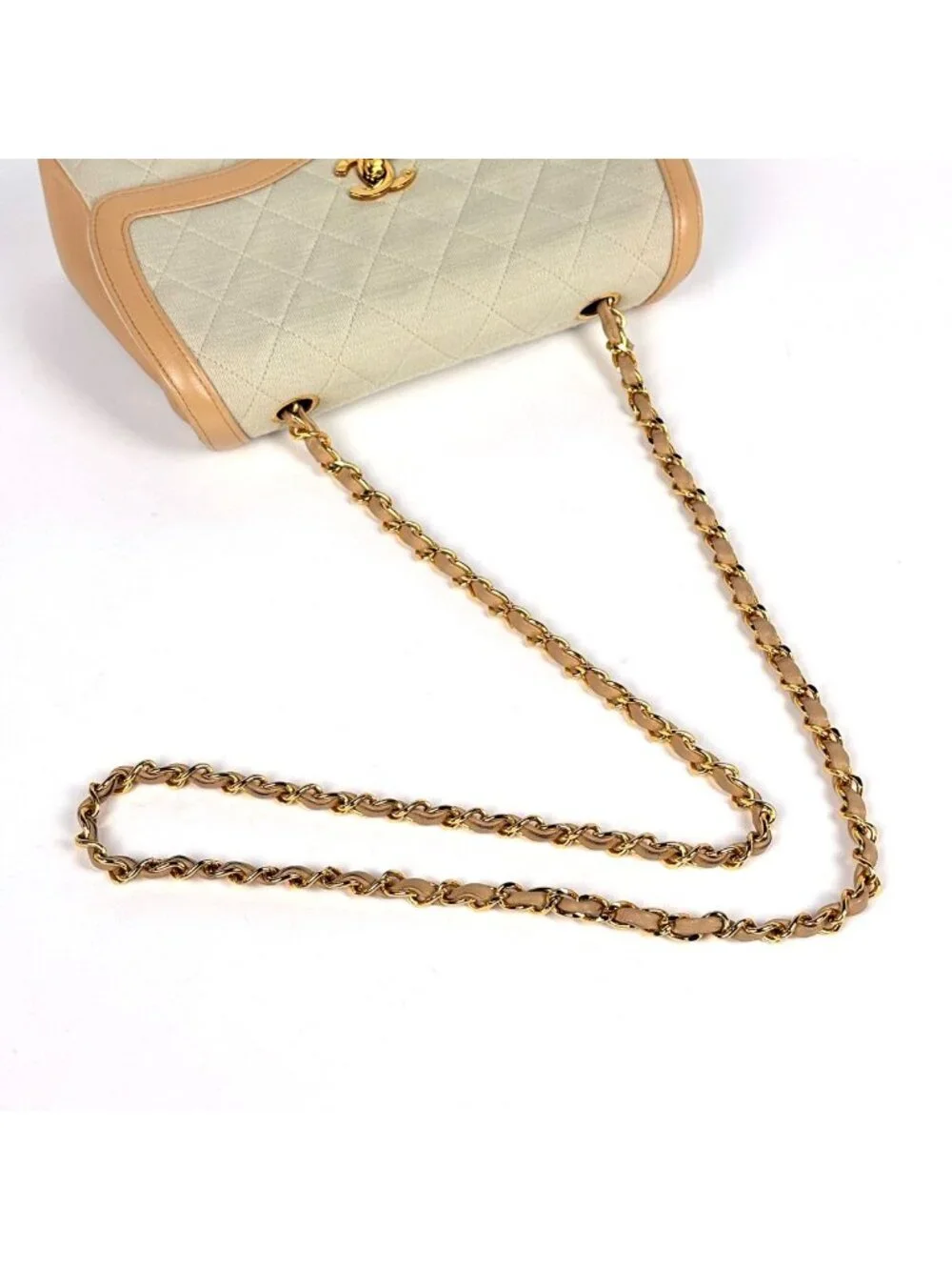 Chanel Shoulder Bag Quilted CC Logo Single Flap Fabric Ivory Beige